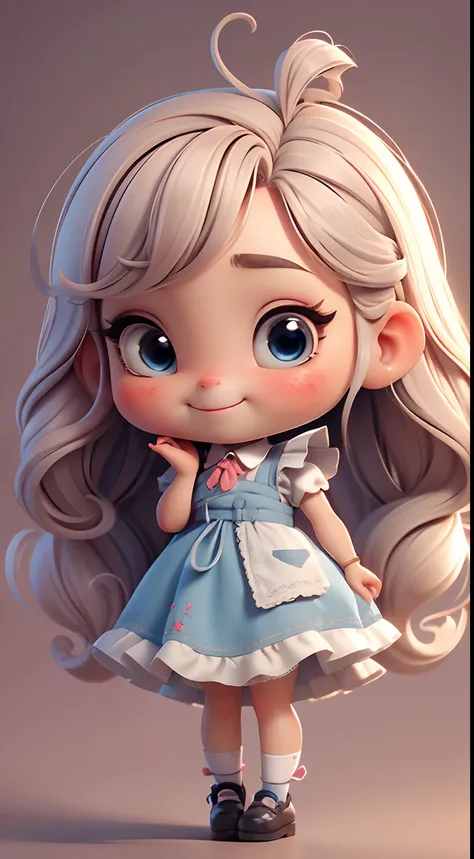 Create an 8K version of the character Loli Alice.

Chibi Alice Doll: It should look charming and cute, Keep the iconic elements of the original character. Alice Chibi should have a round face with large dimensions, light eyes, long eyelashes and rosy cheek...