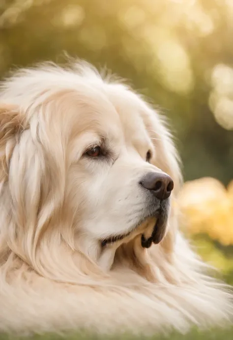 Golddust York dog with all golden fur and very long flowing hair lying in a beautiful garden on a sunny day