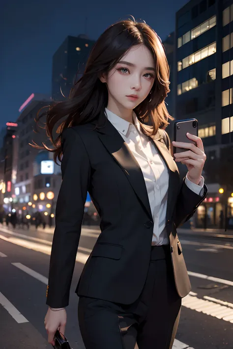 ((Time is night))Urban city。deserted city。One Beautiful Woman。Friendly atmosphere。Beautiful double eyes。with pale brown hair,、Its shoulder-length。((Wearing a suit with a black reckweed。))((Holding a foldable smartphone in one hand))。Serious look。Time of da...