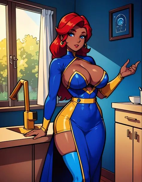 A robot housewife with a MILF appearance, featuring red hair, dark skin, and blue eyes, clad in a yellow dress, and wearing lipstick. The robot has its hair elegantly draped over one eye. The artwork should exhibit the best quality, with superior resolutio...