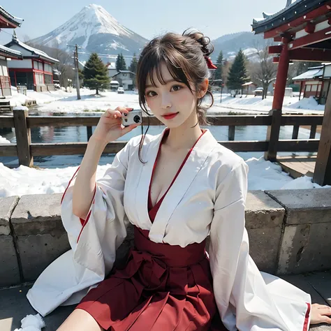 Woman in red skirt and white shirt is taking pictures, japanese girl school uniform, hakama kimono, Japan school uniform, Collar white and red, A Japanese style, Red kimono, Japanese style, traditional japanese, Wearing Hakama, japanese kimono,Outdoor back...