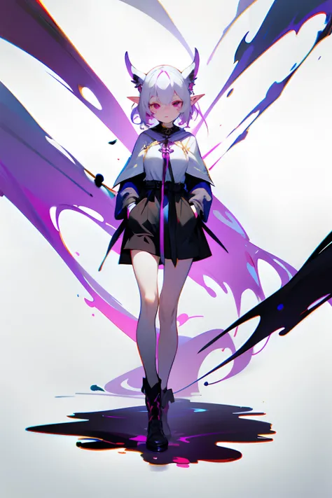 girl，loli，Full body standing painting，white color hair，Purple eye，Barren breasts，Put your hands in your pockets，elvish ears