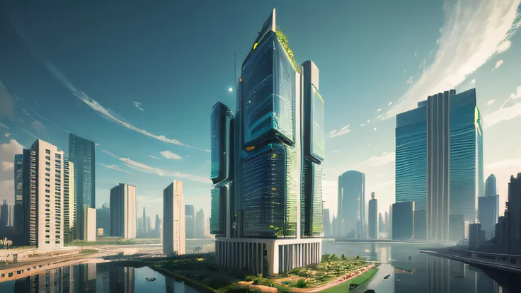 Ridiculous resolution, high resolution, (Masterpiece:1.4), Super detailed, Future City Project, Green space and glass building