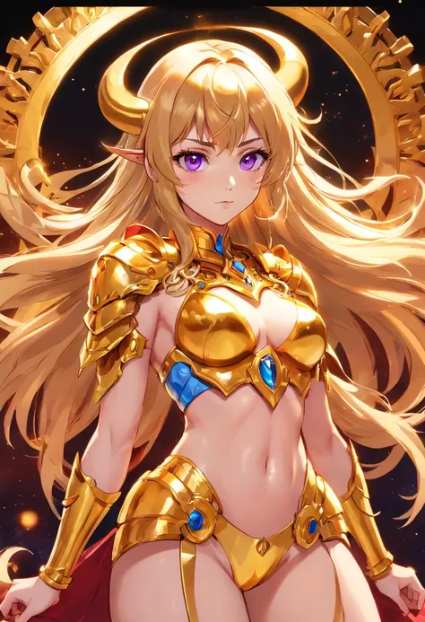 （1 girl）， full bodyesbian，Saint Seiya Armor， Wearing the golden armor of an Aries，sexy armor， Detailed armor pattern，Bling armor，Gorgeous Hair in Long Purple，Plump breasts，gigantic cleavage breasts:1.6， Long hair，Shiny skin:1.4，primitive，tmasterpiece，ultra...