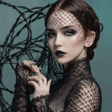 Girl in symbolic clothes of Gothic net, 。.。.。.com (barbed wire for body) brunette color hair，Blonde hair、fantastical light、Silver earrings、Turquoise jeweled