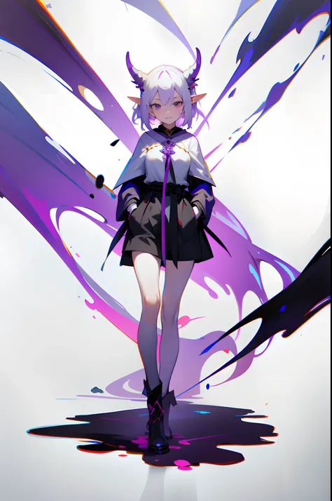 Girl，Loli，Full body standing painting，White color hair，Purple eye，Barren breasts，Put your hands in your pockets，elvish ears，Dragons horn