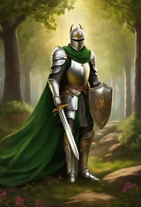 "A royal knight with a majestic aura, Decorated with shining pure white armor, The right hand wields the legendary mace,Holding a large shield in his left hand, Towering in the middle of medieval battlefields,Wearing a green halo,Banners and light flutteri...