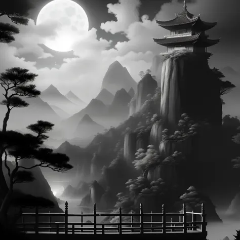 Aalfid view with bridges and mountains of full moon, digital painting of a pagoda, black and white matte painting, Chinese landscape, Chinese fantasy, calm evening. Digital illustration, dark but detailed digital art, author：Yang Borun, Illustration matte ...