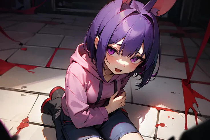 ((best quality, horror)),in 8K, from above, portrait, cinematic lighting, a large amount of red blood pools on the floor,（Very yandere smile、Black ears in rabbits、Hollow purple eyes、Slender and small breasts、Unkempt and disheveled medium bob、Oversized pink...