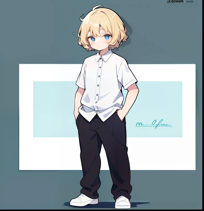 hiquality、superfine illustration,masutepiece,Animated,1boy,man,Mans,Guy,man,Mans,Short hair,Curly hair,Parted bangs,Blonde hair,Blue eyes,White skin,white  shirt,Handwriting style、full body Esbian