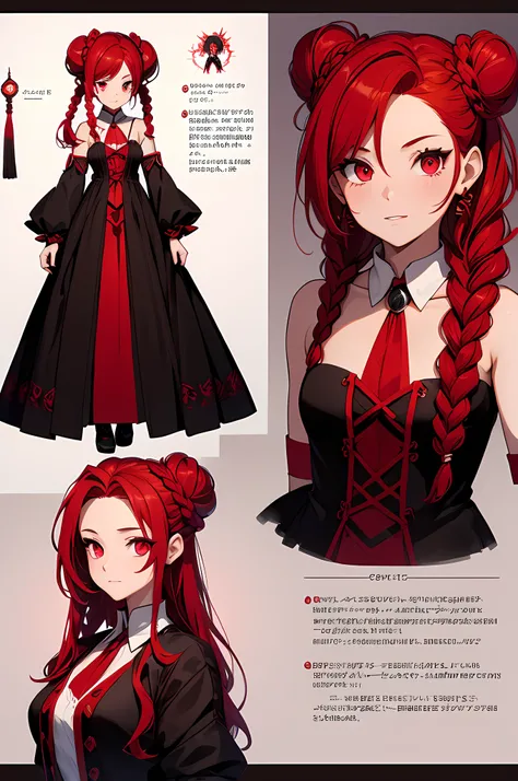 a girl, red hair with braided buns, white glowing eyes, a red mystical magical dress, concept sheet