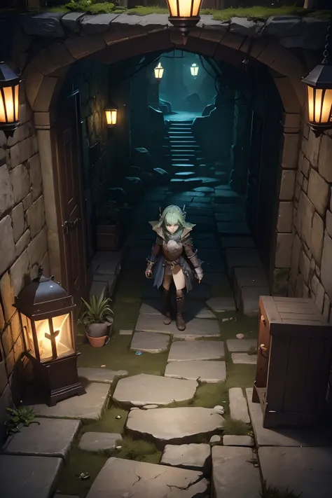 The dungeon is a 2D map viewed from a top-down perspective, designed to immerse players in a world of mystery and danger. Moss-covered walls and crumbling, ancient structures fill the screen. The lighting is dim, with only faint rays of natural light seepi...