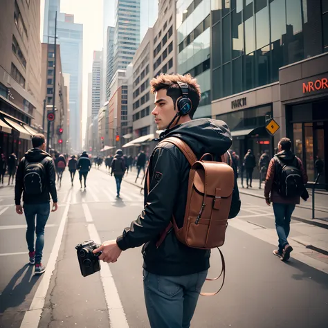 Man walking in streets of toronto downtown , backpack, camera in hands, headsets on ears