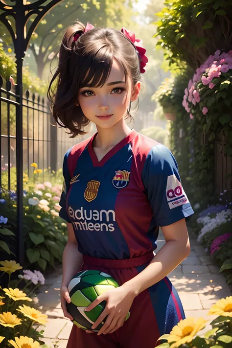 A girl wearing a FC Barcelona jersey, with beautiful detailed eyes, long eyelashes, and beautiful detailed lips. She is standing in a vibrant garden with blooming flowers. The garden is filled with lush green trees and colorful butterflies flying around. T...