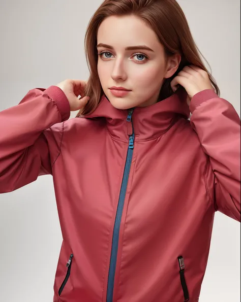 Arafed woman in a pink jacket and blue pants posing for a photo, she is wearing a wet coat, future inflatable jacket, olhar molhado, menina na capa de chuva, roupas esportivas, roupas esportivas, glossy, encapuzado, Aurora Aksnes, Fotografia de uma mulher ...