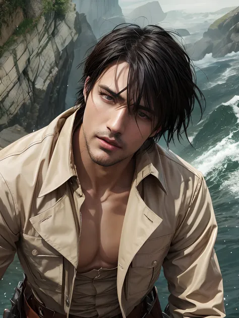 Close-up of a man in a raincoat, standing in front of a cliff, Portrait of Eren Yeager, eren jaeger, eren jaeger, a handsome, from attack on titan