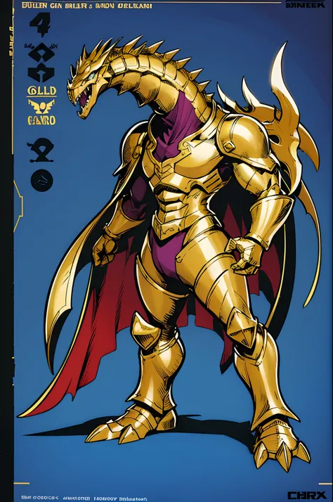 gold elmsentai villain, t-rex, monster, metal hero, dinosaur, saurian, clothed, armored, anthro, cape, standing, solo focus