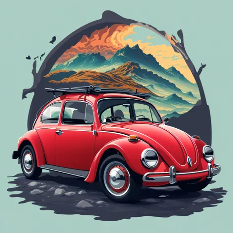 there is a red car with a surfboard on top of it, beetle, beetle-inspired, in style of digital illustration, digital painting highly detailed, detailed vectorart, vehicle illustration, highly detailed vector art, stylized digital illustration, detailed 2d ...