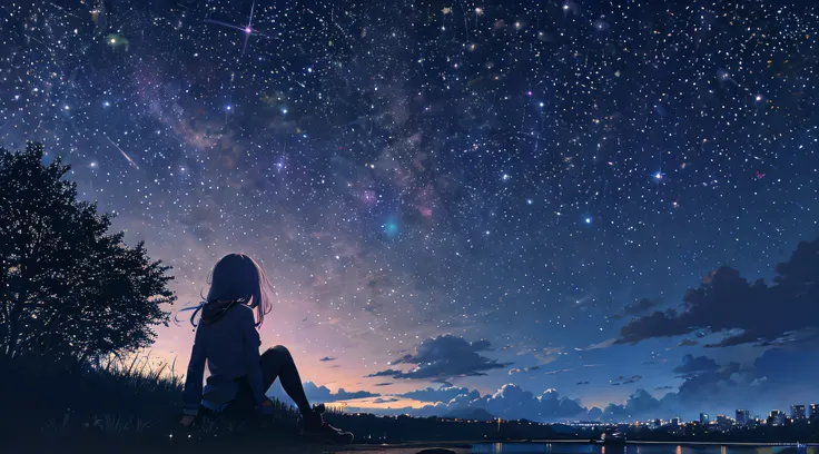 octans, sky, star (sky), scenery, starry sky, night, 1girl, night sky, solo, outdoors, building, cloud, milky way, sitting, tree...