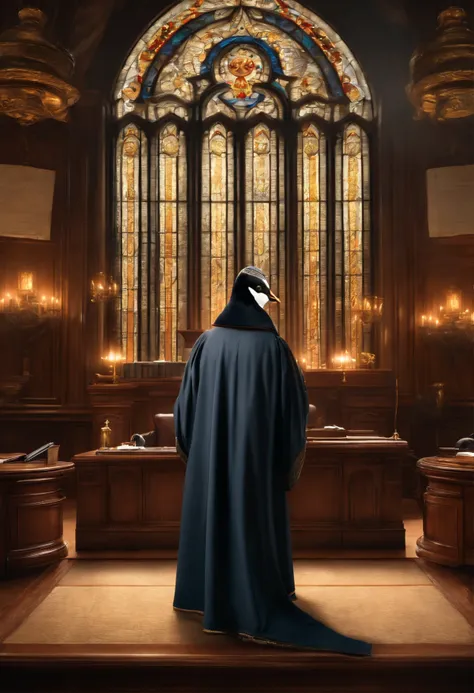 sacred penguin lawyer,illustration,divine courtroom,serious and wise penguin,adorable penguin wearing a lawyers robe and glasses,elegant and majestic courtroom,impressive wooden judges bench and podium,richly decorated walls and ceiling,large antique chand...