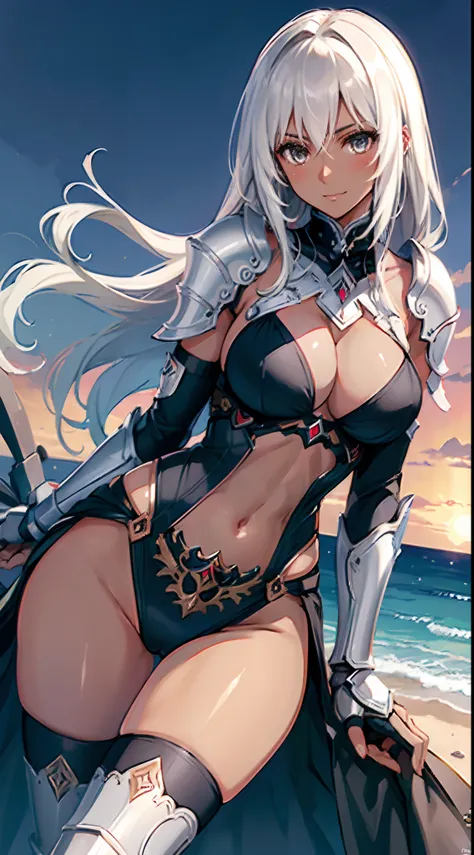 ((slanted eyes)),(milf),(((mature female,adult female))),solo,masterpiece, Top  Quality, ultra-definition, max resolution, A highly detailed,((((dark skin)))), extremely sexy,large breasts,blush,high legs,thong,armor girl, bikini armor female knight, Bikin...