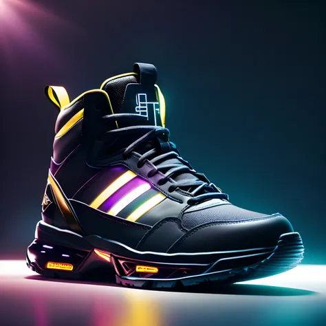 product photography of a cybepunk sneakers, epic render, octane, atmosphere, particles, soft volumetric lights, (backlit:1.3), (cinematic:1.3), intricate details, (ArtStation:1.3)