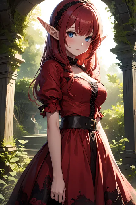 a girl, super big red hair, fantasy themed red dress, a glowing forest behind her, night time, elf ears