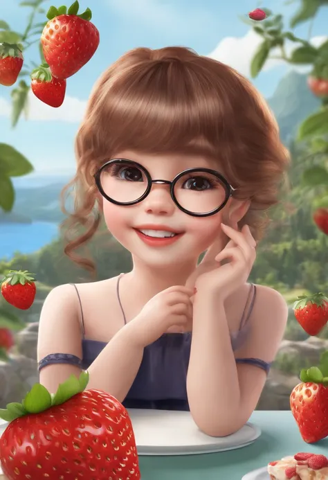 Lori is cute， 5 year old little girl，Flat-chested，The hair is stuck with a strawberry bear hair card, Twist whip, Modern accessories , black-frame glasses, Delicate water spirit big eyes, laughing heartily, Detaileddetails, holograph, Clear and simple back...