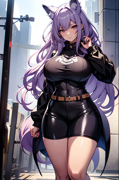 one woman, wolf girl, wolf ears, wolf tail, violet hair, strong, firm body, thick thighs, big breasts, muscular arms, casual clothes, sfw, sexy, full body, masterpiece, highly detailed, shiny clothes, latex shorts , tall women,