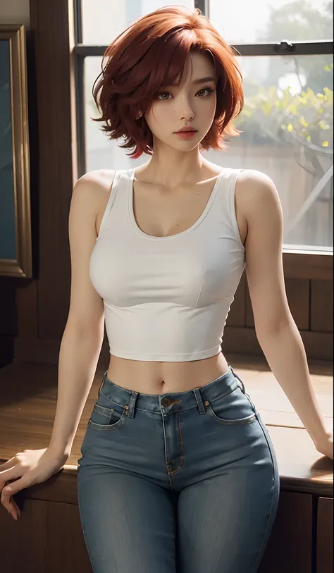 Super sexy Maria dressed （Low-cut and tight （Flare Jeans）），((full bodyesbian)),((Long legs)), （（White crop top top：1.5） Vest with exposed neckline）， Short hair, red hair， photorealestic， photography of， （A high resolution）， （realisticlying：1.4）， （very intr...