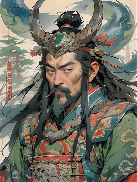 (((China-style，Ink painting method，Half-length portrait，Intense color，Han dynasty, China，Hanfu，Armor，Guan yu，Guan Yunchang，of a guy，Ruddy killing square face，Hold the Blue Dragon Moon Knife in his right hand，Stroke your beard with your left hand，Long hair，...