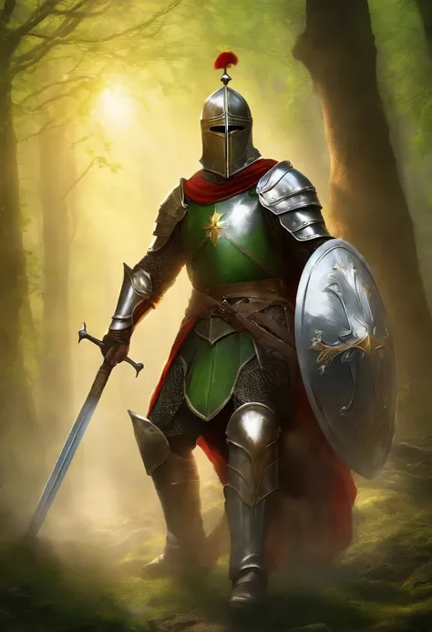 "Royal Knight with a majestic aura, Adorned with shimmering snow-white armor, Holding the legendary short stick in his right hand,Holding the shield of the cross in your left hand, Towering in the midst of medieval battlefields,Wearing a green aura,Banners...