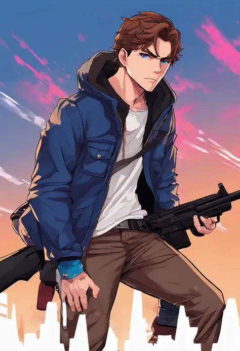 anime, boy, blue eye, brown-hair, dark blue jacket, white shirt, black pants, with rifle.