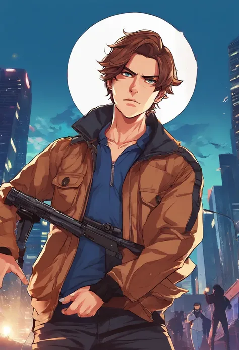 anime, boy, blue eye, brown-hair, dark blue jacket, white shirt, black pants, with rifle.