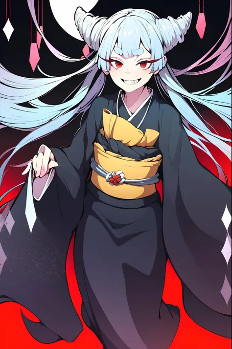 Urara ayashimon, silver hair, horns hair, red eyes, loli, black kimono, sharpteeth, smug, smile, full body, flipflops