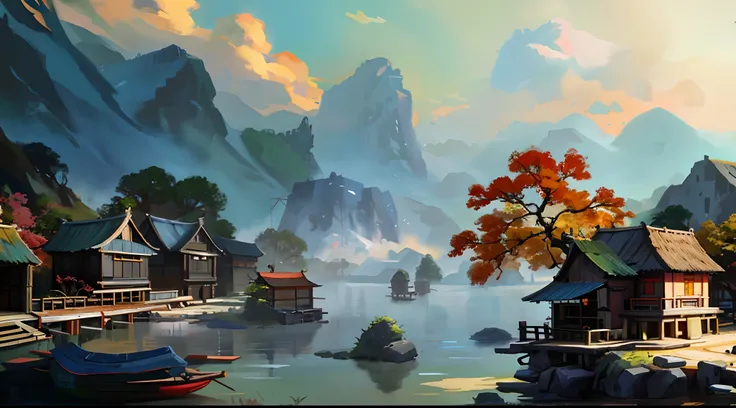 Yangshuo scenery Guilin landscape, Oil painting style，author：The style of Facepunch Studios, inspired by sung choi, ross tran. scenery background, Inspired by Fenghua Zhong, andreas rocha style, Chinese village, Chinese, by Raymond Han, Rosla global lighti...