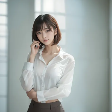 Attractive lonely woman in white collar shirt、White wall background、from waist up、Asian woman smiling at Alafe,、1 persons、Young Pretty Gravure Idol, Colossal tits、Young skinny gravure idol, Realistic Young Gravure Idol, Young Sensual Gravure Idol, Photorea...