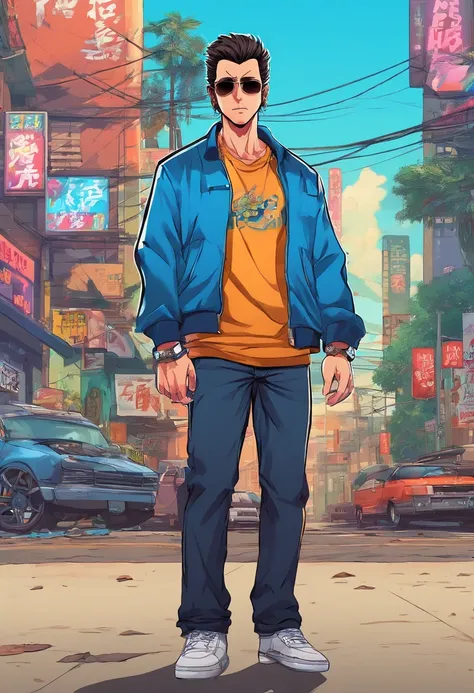 anime, menino, olho azul, cabelos castanhos, jaqueta azul escura, camisa branca, black pants.