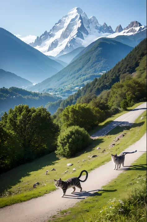 ((top-quality、​masterpiece、photographrealistic:1.4、in 8k))、catss、(cat strolling along a road with a view of the alps)