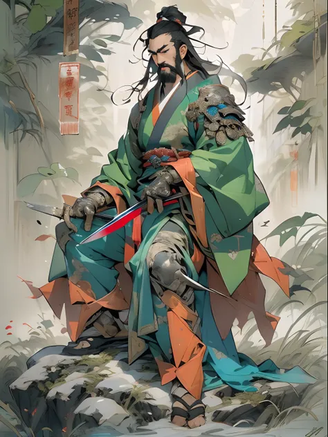 (((China-style，Ink painting method，Half-length portrait，Intense color，Han dynasty, China，Hanfu，Armor，Guan yu，Guan Yunchang，of a guy，Ruddy killing square face，Hold the Blue Dragon Moon Knife in his right hand，Stroke your beard with your left hand，Long hair，...