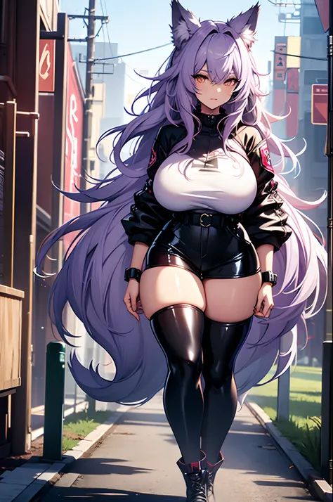 one woman, wolf girl, wolf ears, wolf tail, violet hair, strong, firm body, thick thighs, big breasts, muscular arms, casual clothes, sfw, sexy, full body, masterpiece, highly detailed, shiny clothes, latex, tall women, punk,