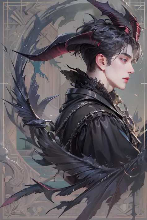 (absurdres, highres, ultra detailed, HDR), masterpiece, best quality, 1 boy , maleficent movie, boy character ,short hair, handsome face, anime eyes,detailed interior, detailed character