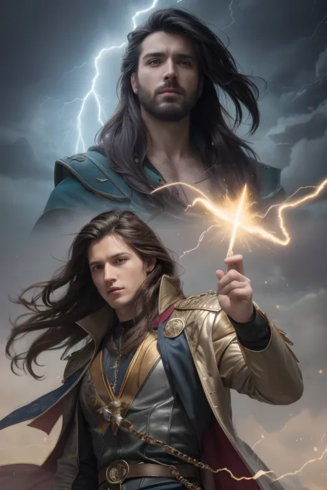 a man with long hair holding a lightning bolt, kaladin stormblessed, johnny silverhand, lightning mage, full portrait of electromancer, inspired by Adam Dario Keel, inspired in kris from deltarrune, inspired by Donato Giancola, inspired by Magali Villeneuv...