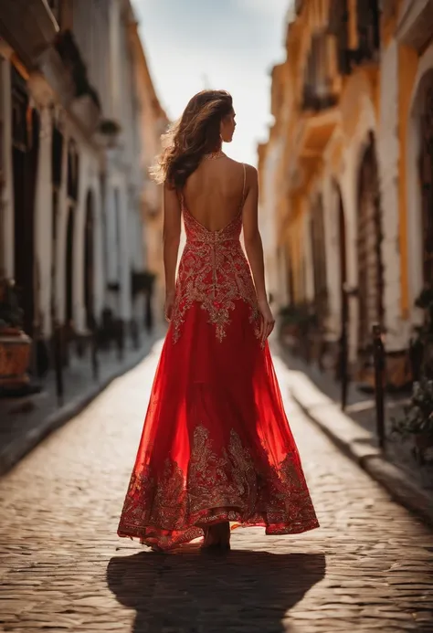 （Full body photo），solo person，1girll，standing on two feet，streetview，Dress with open back，