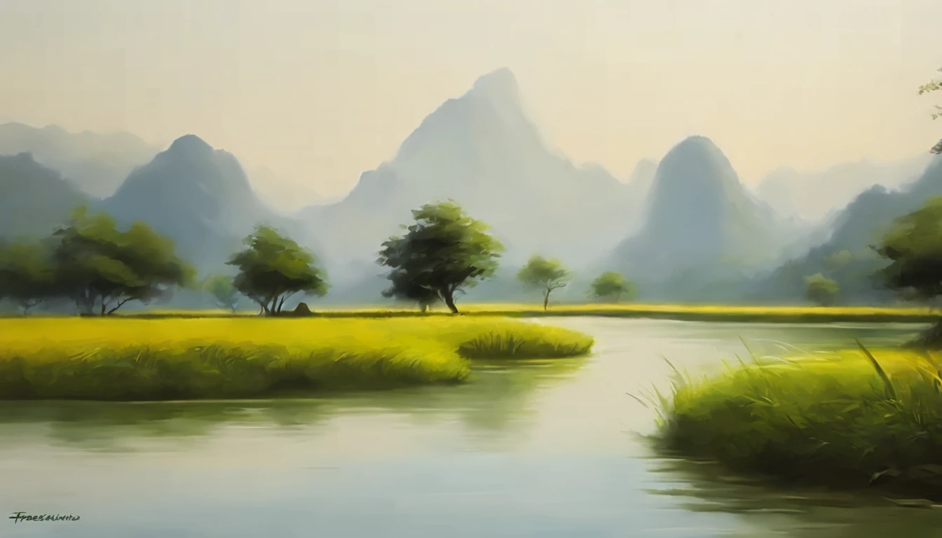 Oil painting, color is bright, ((by Facepunch Studios style:1.4)), Landscape scenery of Yangshuo China,  ((Oil painting works style should follow the original style:1.4)),