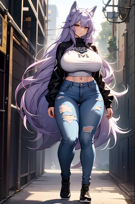 one woman, wolf girl, wolf ears, wolf tail, violet hair, strong, firm body, thick thighs, big breasts, muscular arms, casual clothes, sfw, sexy, full body, masterpiece, highly detailed, shiny clothes, latex, tall women, Jeans,