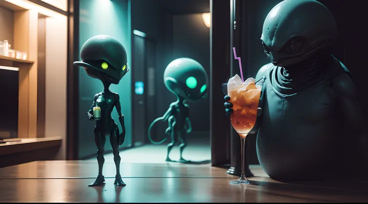 An alien standing drinking a drink，Whole body out of the country