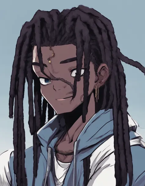 a drawing of an dark skin person with a black dreadlocks and a white shirt, wearing black hoodie with an yin Yang logo on it, halfbody headshot, cel - shaded art style, inspired by Okumura Masanobu, halfbody portrait, tyler jacobson style, anime character,...