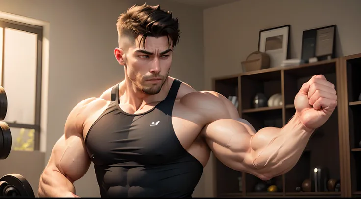 A healthy man performing intense exercises, showing vitality, activity, strength, and determination, working out at home with a moderately muscular physique.