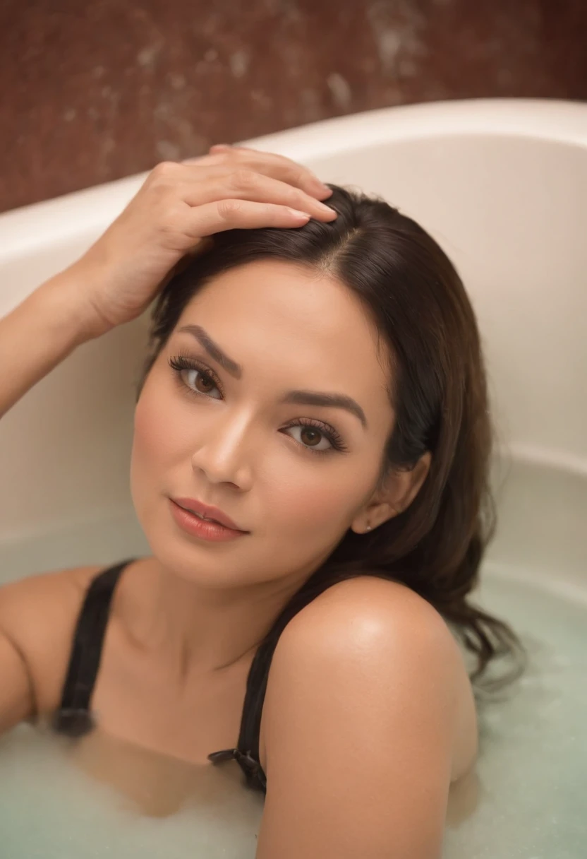 /imagine prompt: color photo of pinay celebrity Ruffa Gutierrez in a bathtub fashion editorial, conservative extension cords inside the bathtub, electricity with Yilmaz Bektas holding the cord, aesthetic and camera treatment inspired by the show Wild N Out...